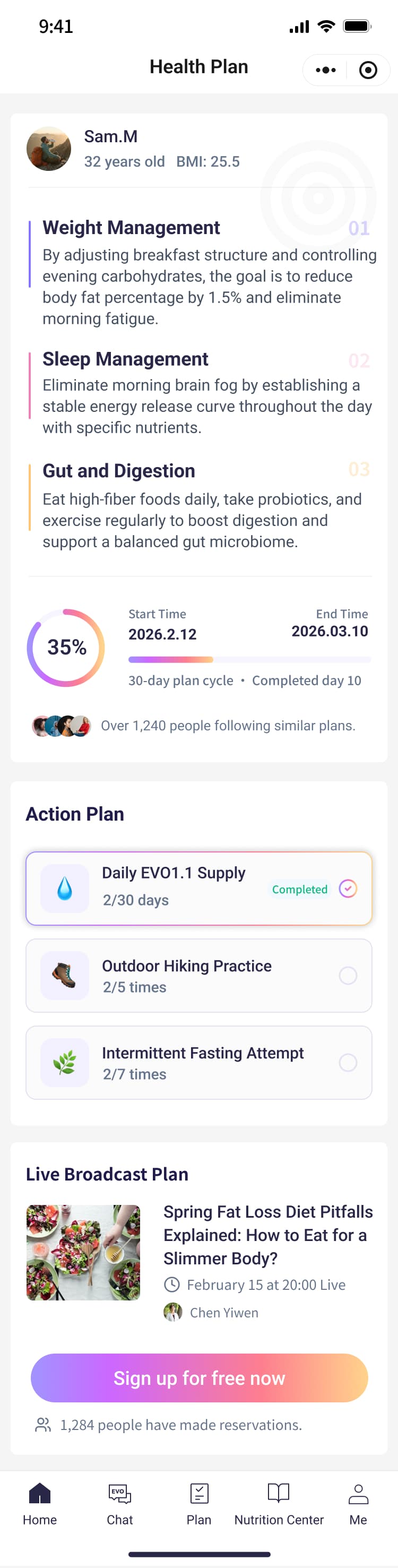 Evo app health plan screen